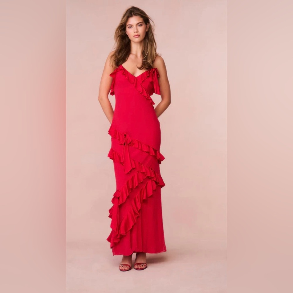 LOVESHACKFANCY Rialto Silk Ruffle Maxi Dress - Red